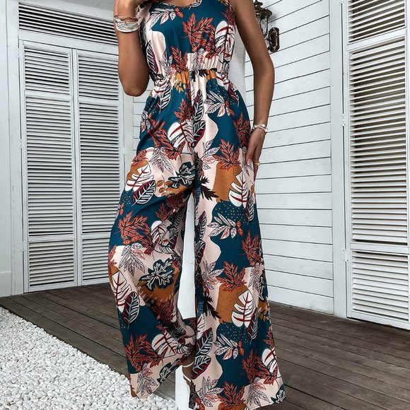 New Tropical Print Shirred Wide Leg Cami Jumpsuit Handmade - Picture 3 of 6